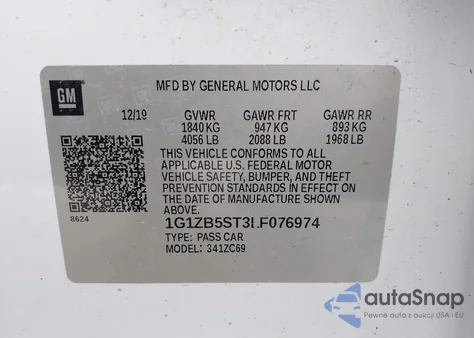 2020 Chevrolet Malibu Fwd Ls z USA, uszkodzony, nr VIN 1G1ZB5ST3LF076974